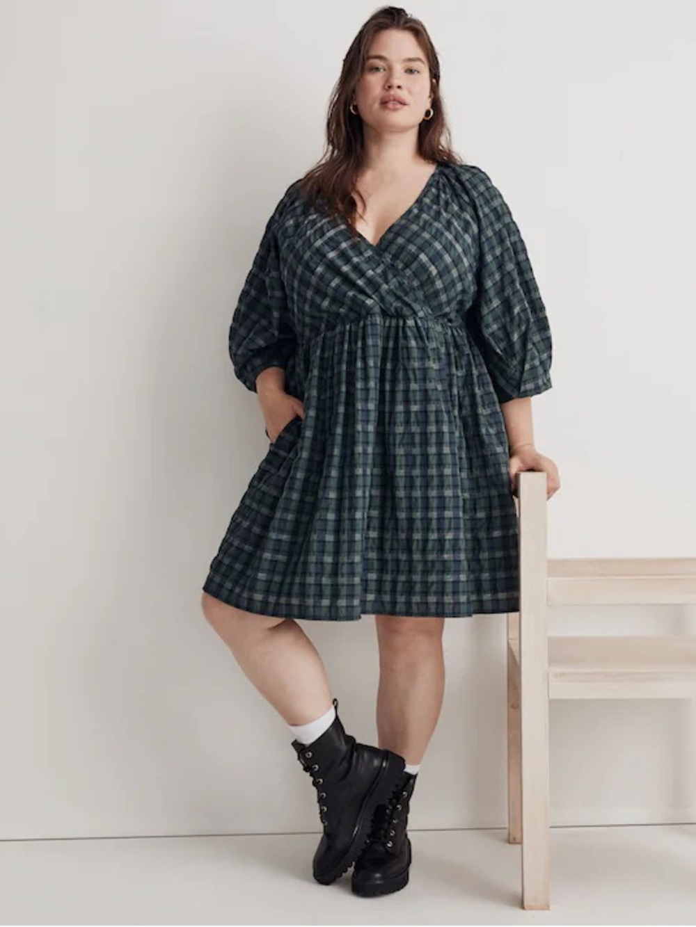 MADEWELL Plus Marianna Puff-Sleeve Mini Dress in Plaid Green